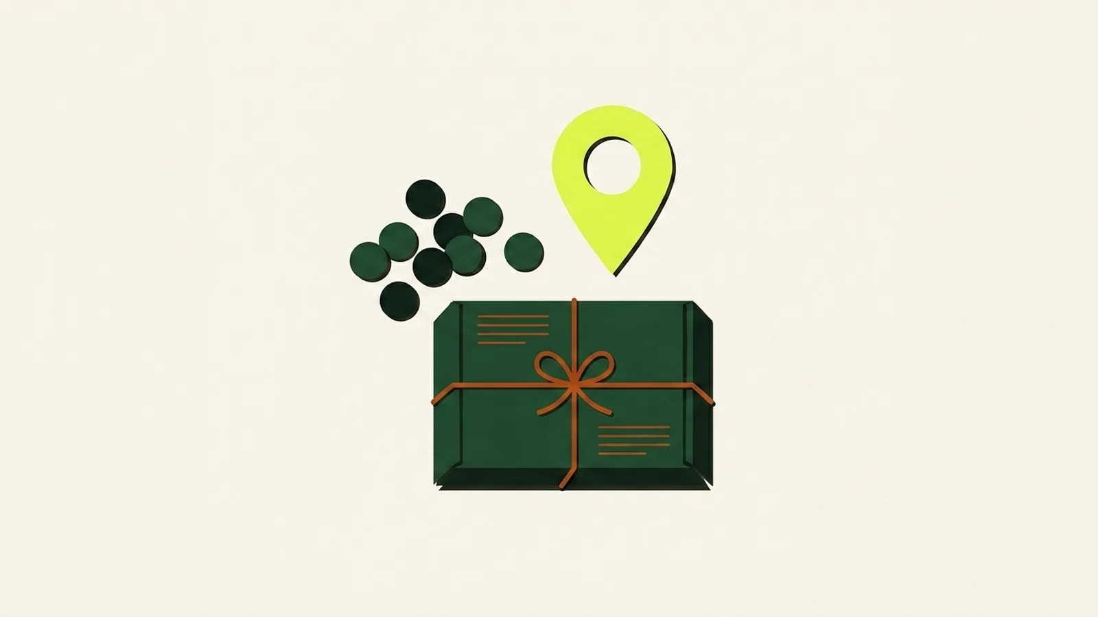 A cut-paper illustration seen from above: a teardrop map pin, a handful of coins, and a folded cardboard box tied with string.