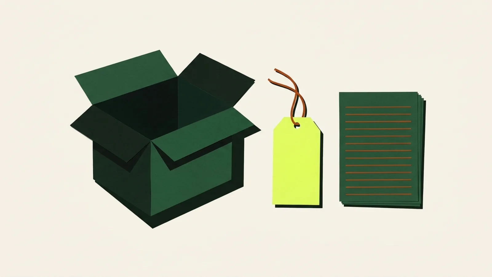 A cut-paper illustration seen from above: an open cardboard box, a blank swing tag on a string, and a small stack of ruled paper sheets.