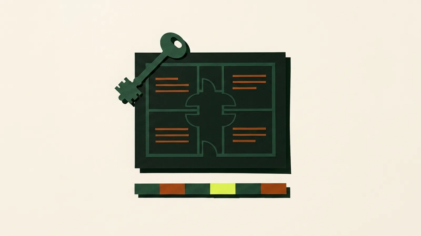 A cut-paper illustration seen from above: a sheet showing a simple floor plan drawn as outlined rooms, a key lying across its top edge, and a short bar of colour segments below with one picked out in bright yellow-green.