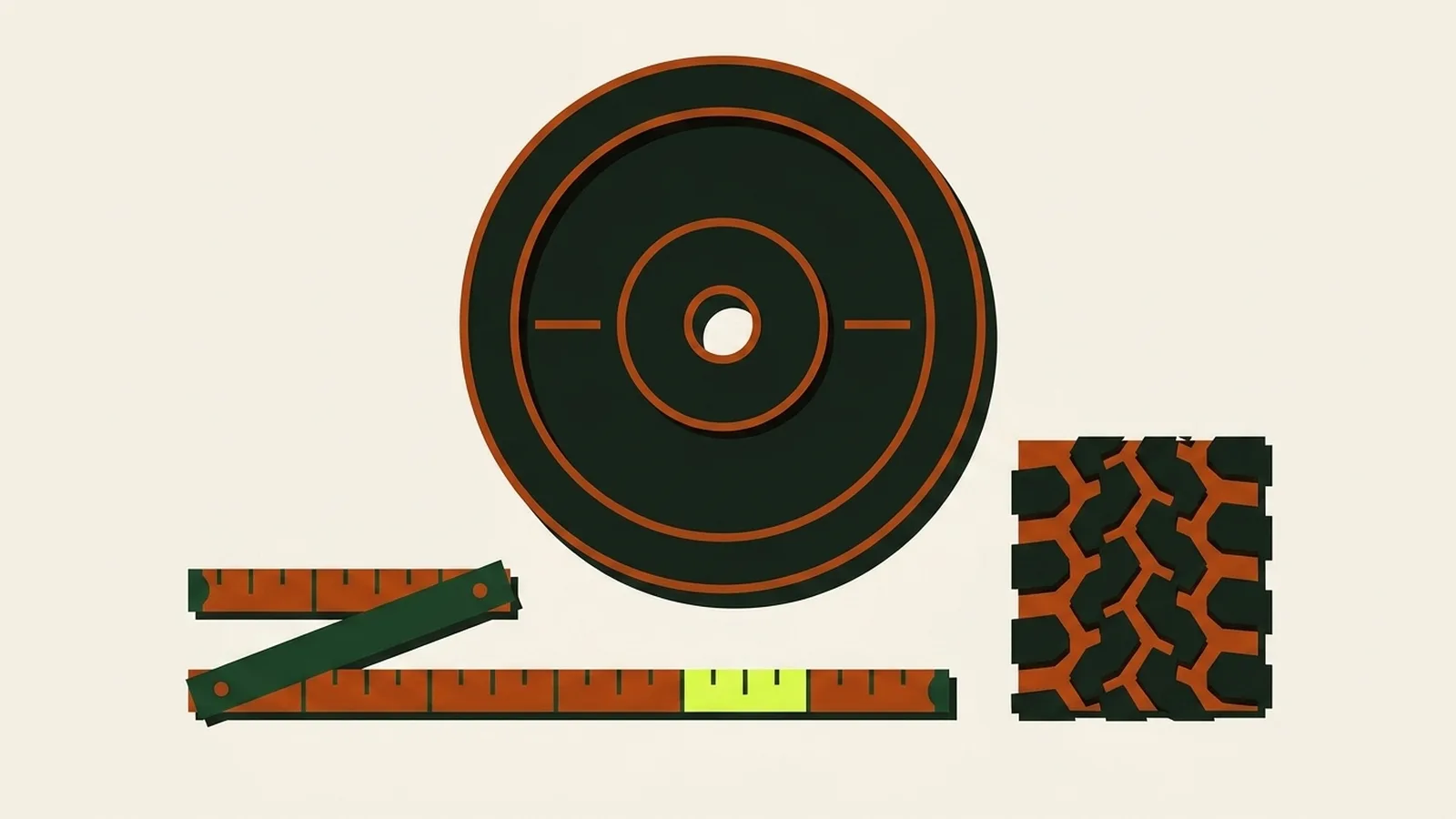 A cut-paper illustration seen from above: a commercial vehicle weight plate, a folded tape measure, and a square swatch of tyre tread.