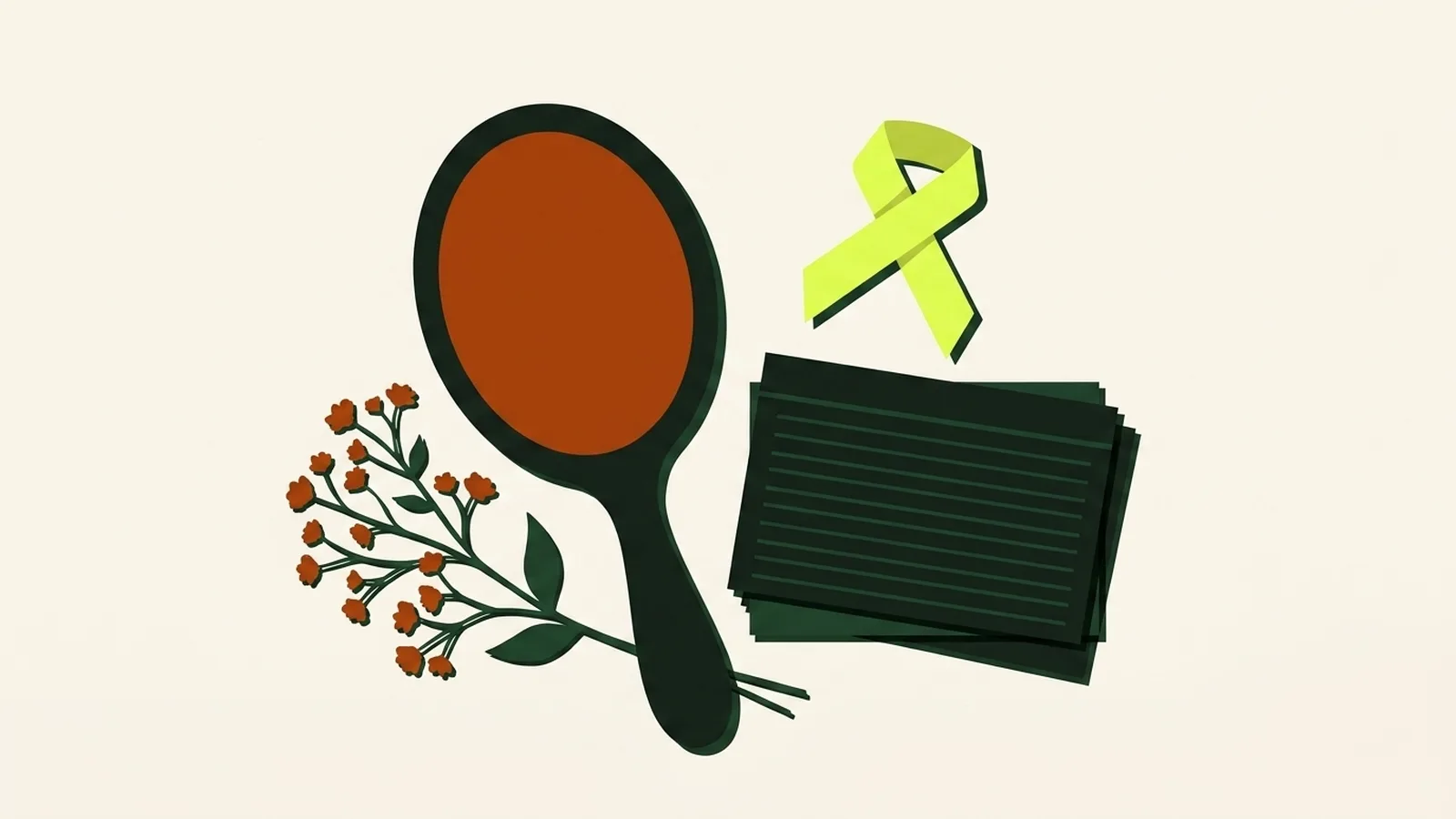 A cut-paper illustration seen from above: a hand mirror, a spray of baby's breath, and a folded ribbon beside a stack of cue cards.